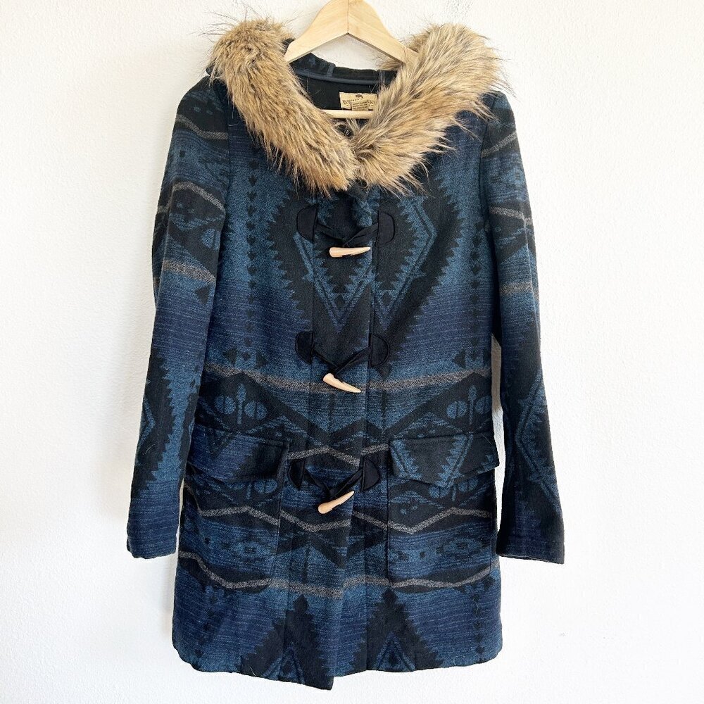 Buffalo Jackson Trading Coat Womens M Blue Ganado Parka Fur Hooded Navajo Aztec